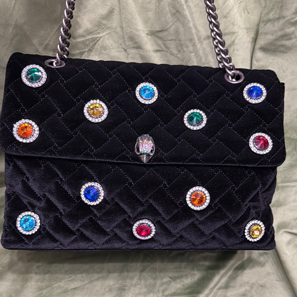 Black Quilted Handbag with Multicolor Gem Accents